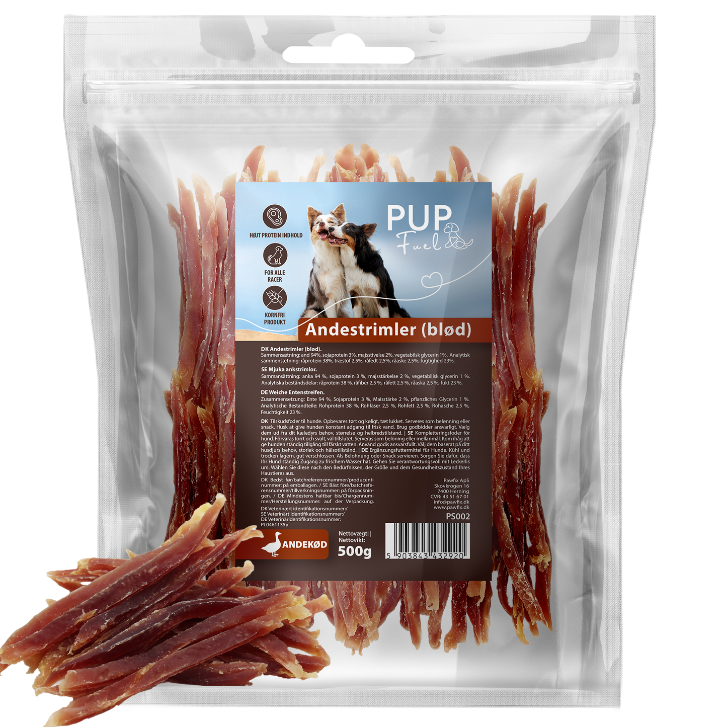 PupFuel – Naturlige Andestrimler (blød) 500 gram