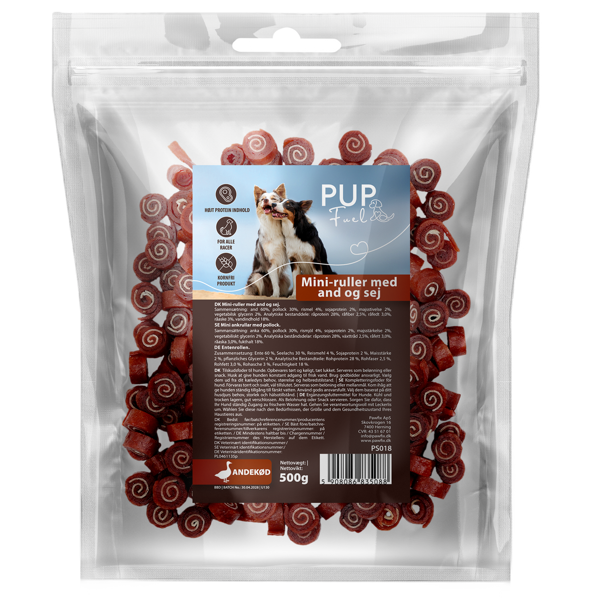 Pupfuel Mini-ruller med and og sej – 500 gram