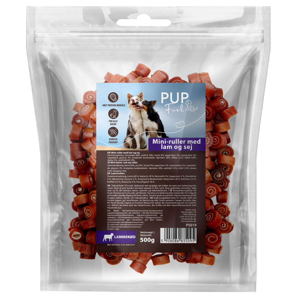 Pupfuel Mini-ruller med lam og sej – 500 gram