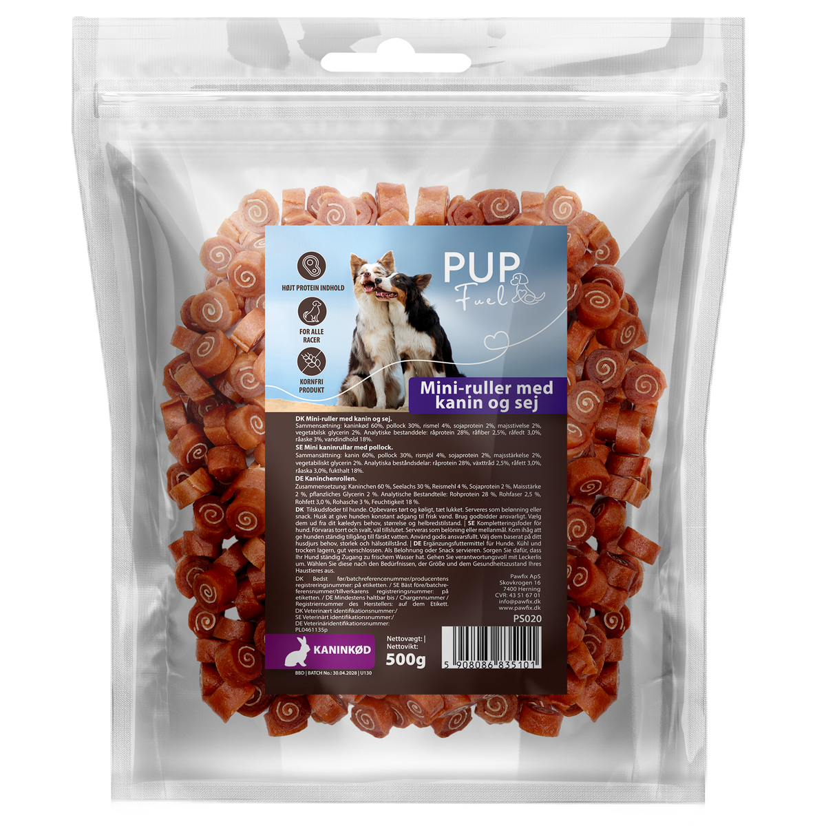 Pupfuel Mini-ruller med kanin og sej – 500 gram